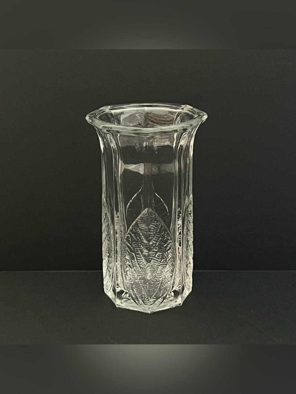 Vintage Nuutajarvi Finland Clear Glass Mini Vase Birch Leaves Octagon Nature
